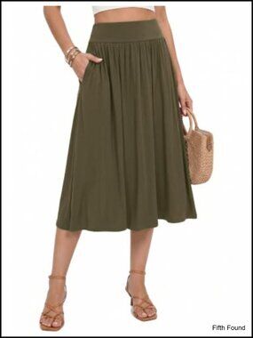 Womens Midi Skirt Wide Waistband A-Line with Pockets Rayon Spandex